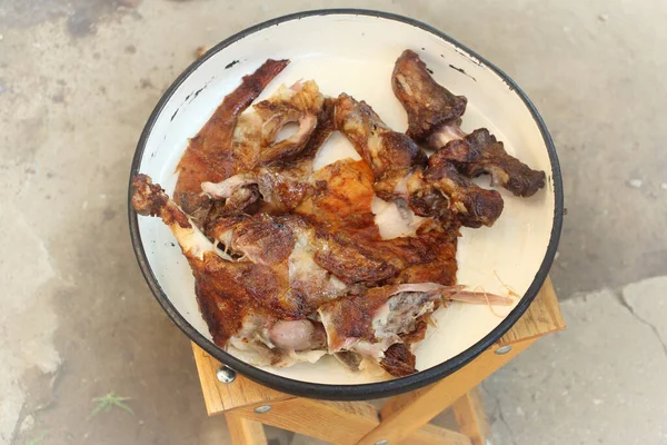Roast Leg Lamb Cooking Lamb Carcass Spit Hot Charcoals Outdoors — Stock Photo, Image