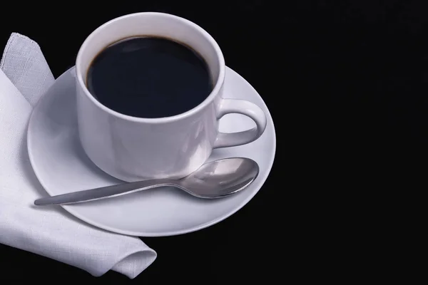 Cup Black Coffee Saucer Cloth Napkin Dark Background — Stock Photo, Image