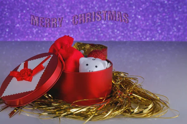 Concept Christmas Gifts Red Gift Box Piggy Bank Red — Stock Photo, Image
