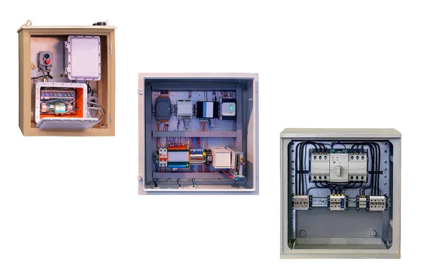 several modern electrical cabinets with electronic elements of control and management, close-up