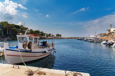 Bir küçük balıkçı teknesi zemin bir palmiye orman ve mavi gökyüzü karşı limanında duruyor