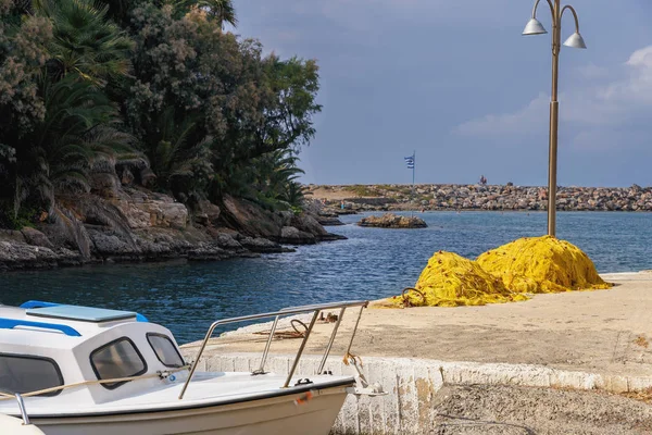 Rybářské Lodi Přístavu Rybářské Sítě Molu Řecké Rybářské Vesnici Sissi — Stock fotografie