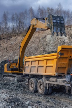 Kara Orman arka planda damperli kamyon ve bulutlu gökyüzü arkasında yükleme işlemi