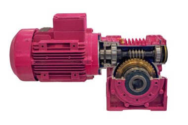 Redüktörün kesme ve beyaz arka planda izole elektrikli motor çekim