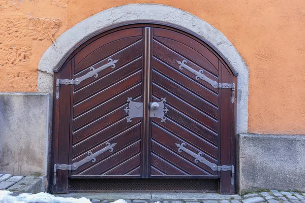 Wooden Door Metal Decorations Historic Part German Town Rothenburg Der — ストック写真