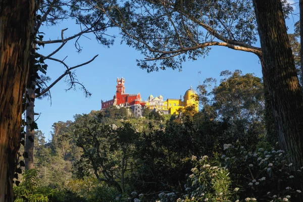 Pohled Fantastický Palác Pena Portugalsku Ležící Vysokém Útesu Nad Městem — Stock fotografie