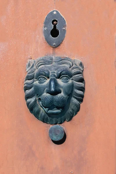 リスボン市の歴史的な部分の建物の木製のドアの装飾の形で金属ライオンの頭 — ストック写真