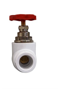 Beyaz arka grupta izole edilmiş beyaz ısıya dayanıklı plastikten yapılmış modern kapama vanası.