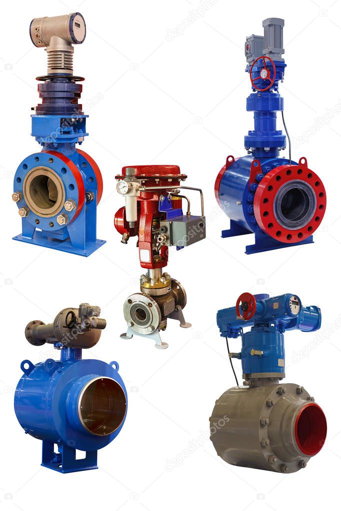five modern industrial shut-off valve for various control systems and control of gas and liquid flows