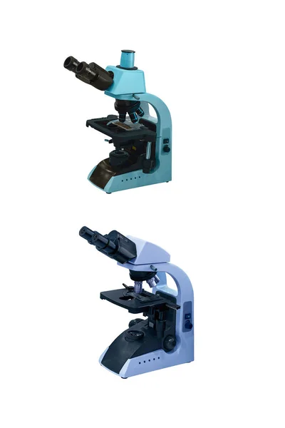 Due Microscopi Stereoscopici Moderni Isolati Sfondo Bianco — Foto Stock