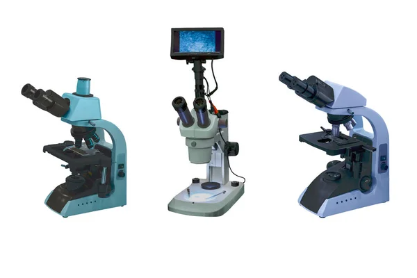 Tre Microscopi Stereoscopici Moderni Isolati Sfondo Bianco — Foto Stock