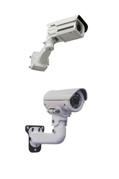 Due Videocamere Resistenti Alle Intemperie Sulla Staffa Isolate Sfondo Bianco — Foto Stock