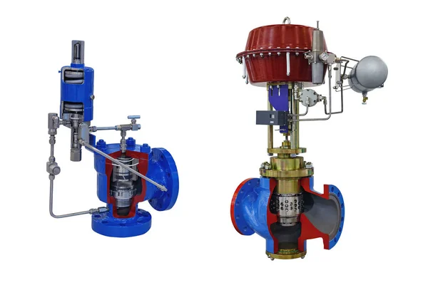 Två Moderna Avstängningsventil Med Automatisk Och Manuell Styrning För Gasledning — Stockfoto