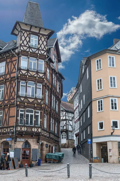 Street View Beautiful Half Timbered Houses Old German City Marburg — Stock Photo, Image