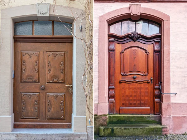 Duas Portas Madeira Com Bela Guarnição Madeira Decorativa Parte Histórica — Fotografia de Stock
