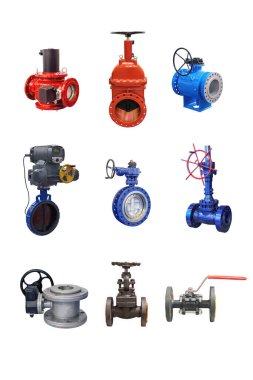 Beyaz arka planda izole edilmiş bir gaz boru hattı için çeşitli tasarımların modern kapatma valfleri 