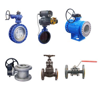 Beyaz arka planda izole edilmiş bir gaz boru hattı için çeşitli tasarımların modern kapatma valfleri 