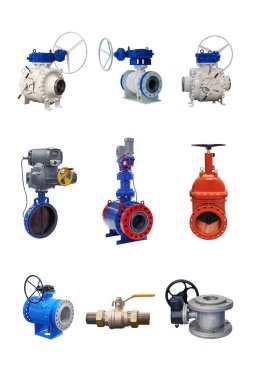 Beyaz arka planda izole edilmiş bir gaz boru hattı için çeşitli tasarımların modern kapatma valfleri 