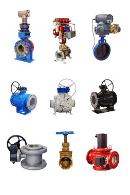 Beyaz arka planda izole edilmiş bir gaz boru hattı için çeşitli tasarımların modern kapatma valfleri 