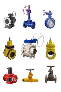 Beyaz arka planda izole edilmiş bir gaz boru hattı için çeşitli tasarımların modern kapatma valfleri 