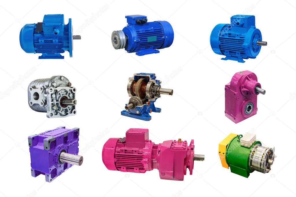 group of modern electric motors and powerful gearboxes in different designs isolated on white background