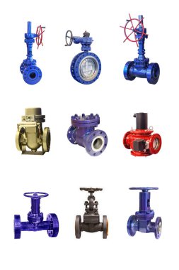 Beyaz arka planda izole edilmiş bir gaz boru hattı için çeşitli tasarımların modern kapatma valfleri 