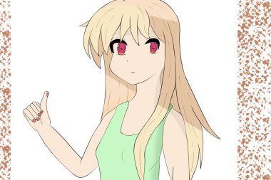 Beyaz arka planda yeşil tişörtlü anime kız.
