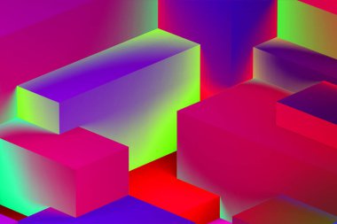 Neon ışıklı arka planda soyut geometrik kübik renkler. izometrik 3d oluşturucu.