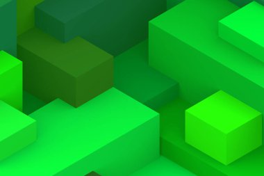 Soyut yeşil geometrik kübik koyu renk arkaplan. izometrik 3d oluşturucu.