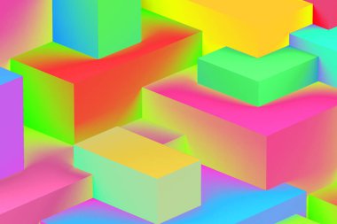 Neon ışıklı arka planda soyut geometrik holografik renkler. izometrik 3d oluşturucu.