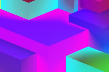 Neon ışıklı arka planda soyut geometrik kübik renkler. izometrik 3d oluşturucu.