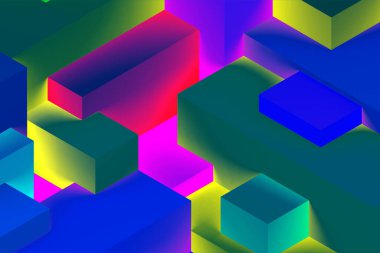 Neon ışıklı arka planda soyut geometrik kübik renkler. izometrik 3d oluşturucu.