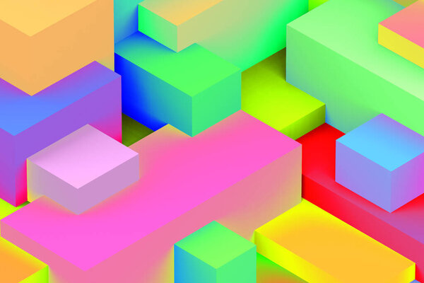 Abstract geometric cubic holographic colorful in neon lights background. isometric 3d render.