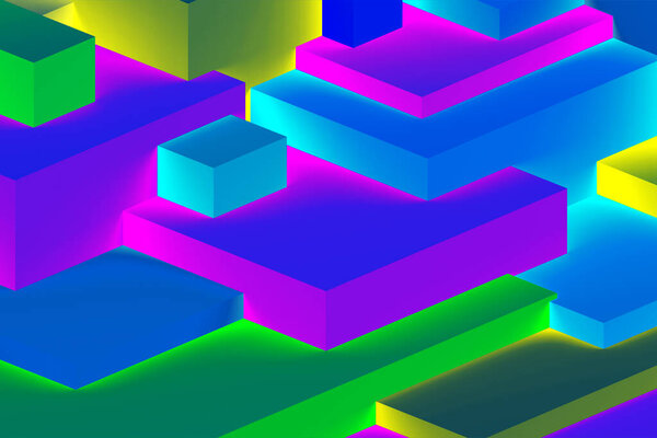 Abstract geometric cubic colorful in neon lights background. isometric 3d render.