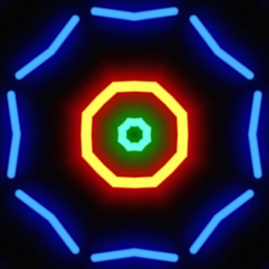 Neon ışığı rengarenk arka plan 33d çizim çizimi. Soyut kaleydoskop arkaplanı.