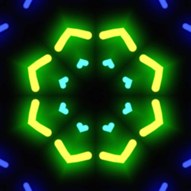 Neon ışığı rengarenk arka plan 33d çizim çizimi. Soyut kaleydoskop arkaplanı.