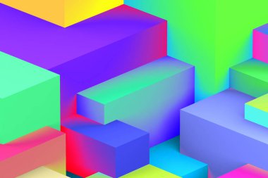 Neon ışıklı arka planda soyut geometrik holografik renkler. izometrik 3d oluşturucu.