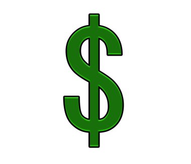 Dolar İşareti Parası. Pazar, açgözlülük. İzole edilmiş bir nakit ve para çizimi, 1 dolar işaretli, yüksek eğimli yeşil renk..