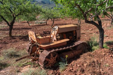 Saha çalışması için eski ve paslı traktör, badem ekimi ve yerde de çalılar var.