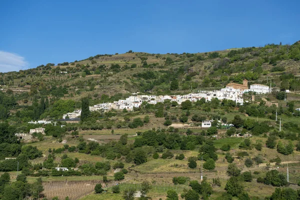 Aldeia Encosta Montanha Cercada Por Árvores Verdes Terras Agrícolas Céu — Fotografia de Stock