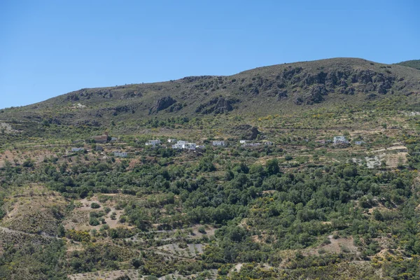 Dağın Kenarındaki Kasabada Dağda Bitki Örtüsü Var Gökyüzü Mavi — Stok fotoğraf