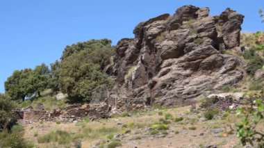 Dağdaki kayalık bölgede, bazı harabelerin yanında holm meşesi var, yerde çimenler var ve gökyüzü temiz.