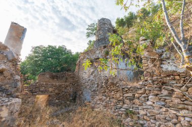 Güney İspanya 'daki bir un değirmeninin kalıntıları, inşaat taş ve çamurdan yapılmış, çevrede bitki ve ağaçlar var.