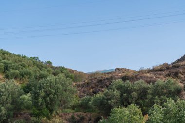 Dağlarda zeytin ağaçları yetiştirilir, gökyüzünde bazı yüksek voltaj kablolarını geçer, gökyüzü açıktır