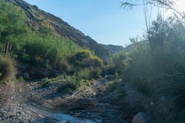 Nehir dağlık bir alanı geçiyor, nehir su taşıyor ve bitki örtüsü var, gökyüzü açık.