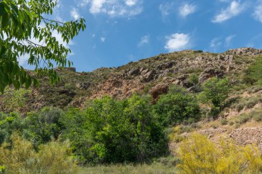 Güney İspanya 'nın dağlık bölgesi, bol bitki örtüsü var, dağın kayalık oluşumları var ve gökyüzü açık.
