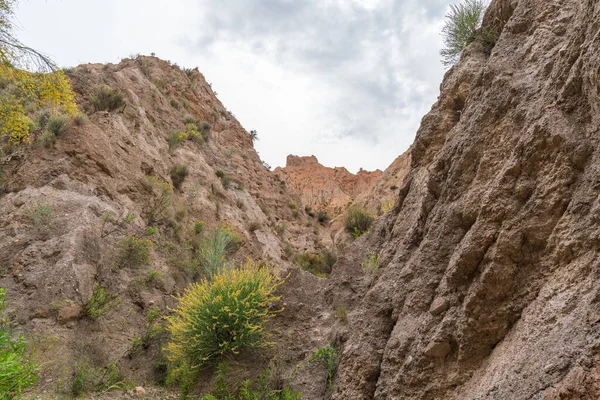Güney İspanya 'nın dağlık arazisi, dağlar aşırı derecede aşınmış, yarı çöl bölgesi, taşlar ve çalılar var ve gökyüzü bulutlu.