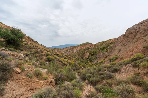 Güney İspanya 'nın dağlık arazisi, dağlar aşırı derecede aşınmış, yarı çöl bölgesi, taşlar ve çalılar var ve gökyüzü bulutlu.
