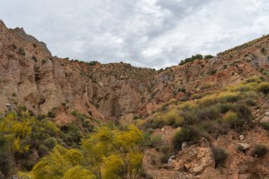 Güney İspanya 'nın dağlık arazisi, dağlar aşırı derecede aşınmış, yarı çöl bölgesi, taşlar ve çalılar var ve gökyüzü bulutlu.