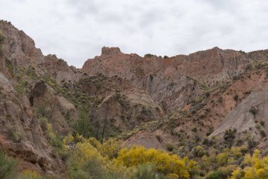 Güney İspanya 'nın dağlık arazisi, dağlar aşırı derecede aşınmış, yarı çöl bölgesi, taşlar ve çalılar var ve gökyüzü bulutlu.